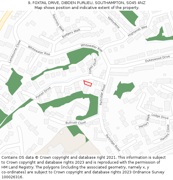 9, FOXTAIL DRIVE, DIBDEN PURLIEU, SOUTHAMPTON, SO45 4NZ: Location map and indicative extent of plot