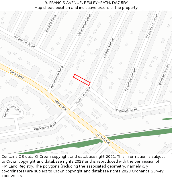 9, FRANCIS AVENUE, BEXLEYHEATH, DA7 5BY: Location map and indicative extent of plot