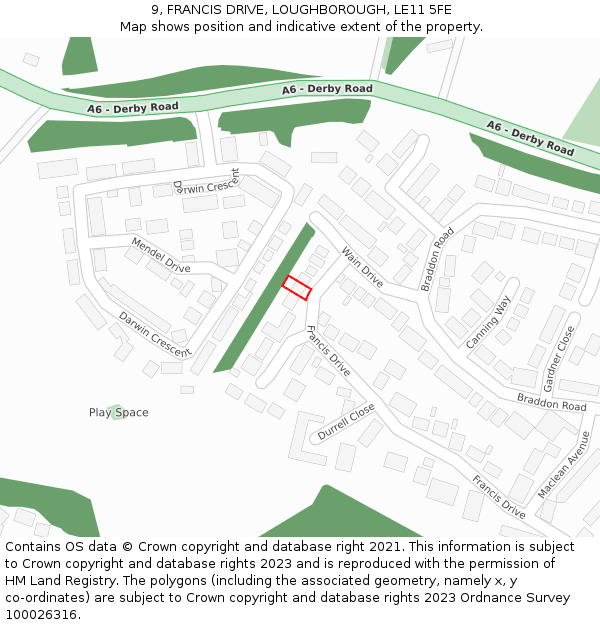 9, FRANCIS DRIVE, LOUGHBOROUGH, LE11 5FE: Location map and indicative extent of plot