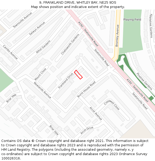 9, FRANKLAND DRIVE, WHITLEY BAY, NE25 9DS: Location map and indicative extent of plot