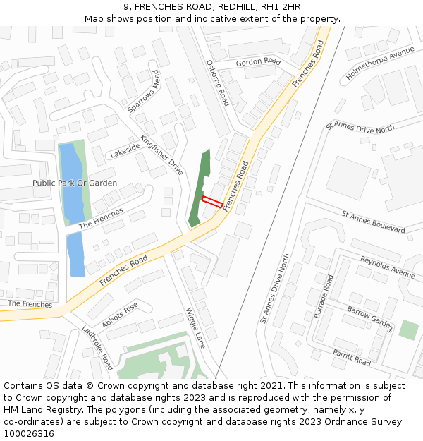 9, FRENCHES ROAD, REDHILL, RH1 2HR: Location map and indicative extent of plot