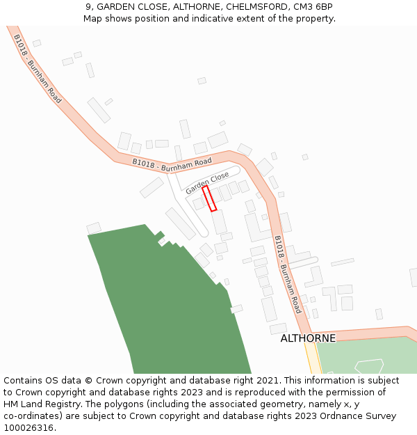 9, GARDEN CLOSE, ALTHORNE, CHELMSFORD, CM3 6BP: Location map and indicative extent of plot