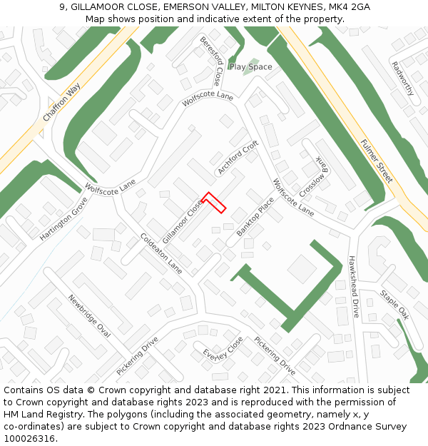 9, GILLAMOOR CLOSE, EMERSON VALLEY, MILTON KEYNES, MK4 2GA: Location map and indicative extent of plot