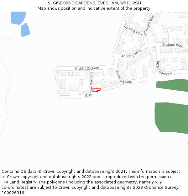 9, GISBORNE GARDENS, EVESHAM, WR11 2SU: Location map and indicative extent of plot
