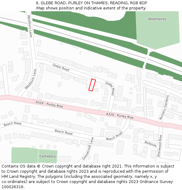 9, GLEBE ROAD, PURLEY ON THAMES, READING, RG8 8DP: Location map and indicative extent of plot