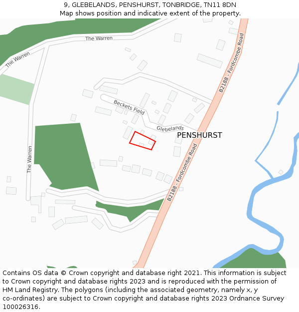 9, GLEBELANDS, PENSHURST, TONBRIDGE, TN11 8DN: Location map and indicative extent of plot
