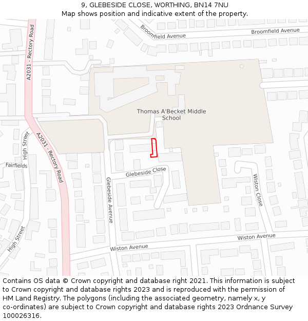 9, GLEBESIDE CLOSE, WORTHING, BN14 7NU: Location map and indicative extent of plot