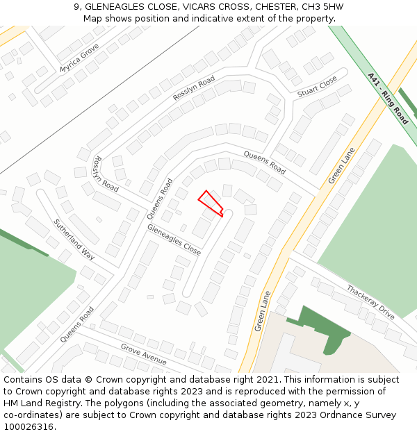 9, GLENEAGLES CLOSE, VICARS CROSS, CHESTER, CH3 5HW: Location map and indicative extent of plot