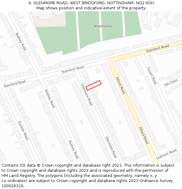 9, GLENMORE ROAD, WEST BRIDGFORD, NOTTINGHAM, NG2 6GH: Location map and indicative extent of plot