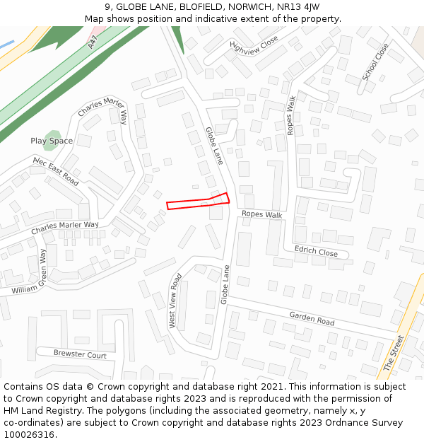 9, GLOBE LANE, BLOFIELD, NORWICH, NR13 4JW: Location map and indicative extent of plot