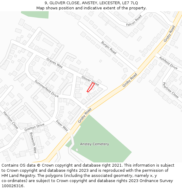 9, GLOVER CLOSE, ANSTEY, LEICESTER, LE7 7LQ: Location map and indicative extent of plot