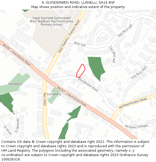 9, GLYNDERWEN ROAD, LLANELLI, SA14 9NF: Location map and indicative extent of plot