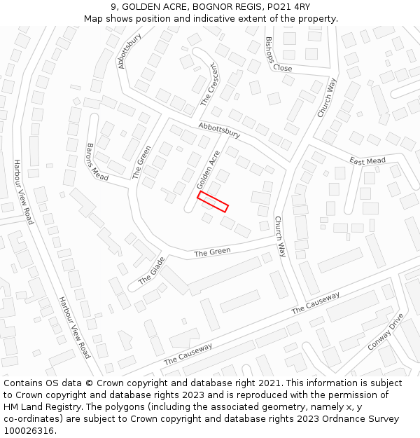 9, GOLDEN ACRE, BOGNOR REGIS, PO21 4RY: Location map and indicative extent of plot