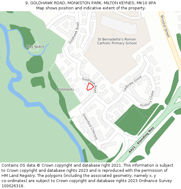 9, GOLDHAWK ROAD, MONKSTON PARK, MILTON KEYNES, MK10 9PA: Location map and indicative extent of plot