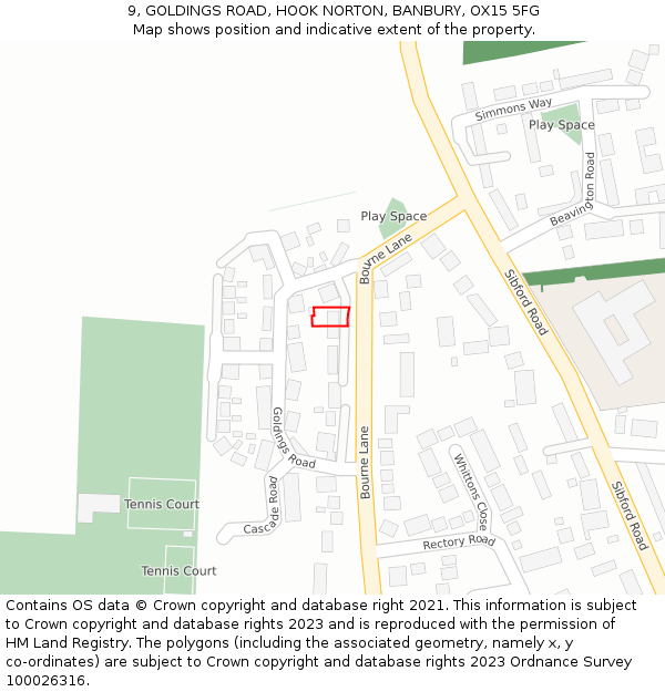 9, GOLDINGS ROAD, HOOK NORTON, BANBURY, OX15 5FG: Location map and indicative extent of plot