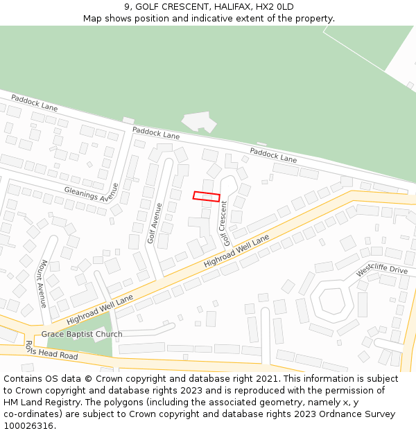 9, GOLF CRESCENT, HALIFAX, HX2 0LD: Location map and indicative extent of plot