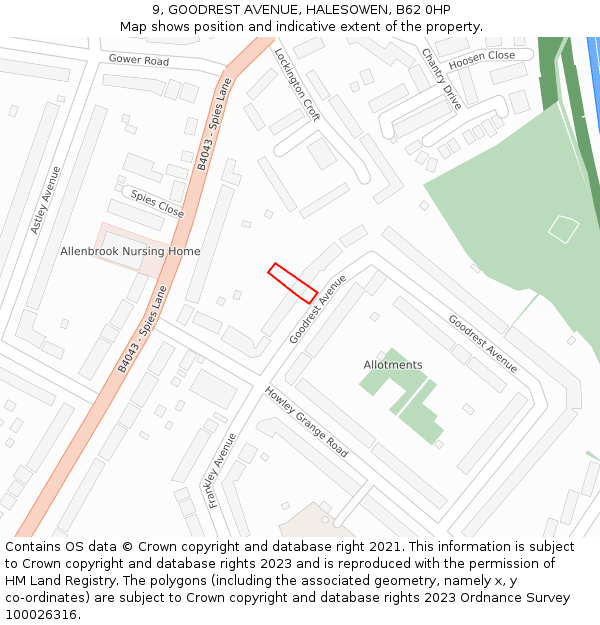 9, GOODREST AVENUE, HALESOWEN, B62 0HP: Location map and indicative extent of plot