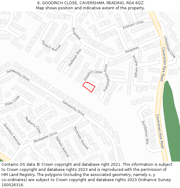 9, GOODRICH CLOSE, CAVERSHAM, READING, RG4 6QZ: Location map and indicative extent of plot