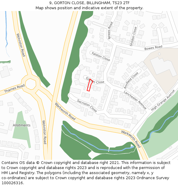 9, GORTON CLOSE, BILLINGHAM, TS23 2TF: Location map and indicative extent of plot