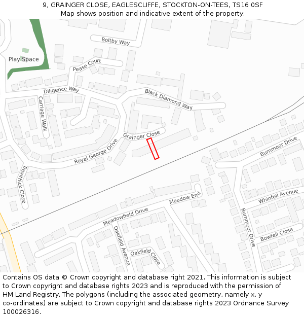 9, GRAINGER CLOSE, EAGLESCLIFFE, STOCKTON-ON-TEES, TS16 0SF: Location map and indicative extent of plot