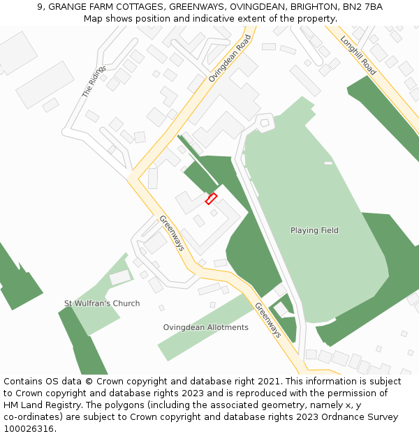 9, GRANGE FARM COTTAGES, GREENWAYS, OVINGDEAN, BRIGHTON, BN2 7BA: Location map and indicative extent of plot
