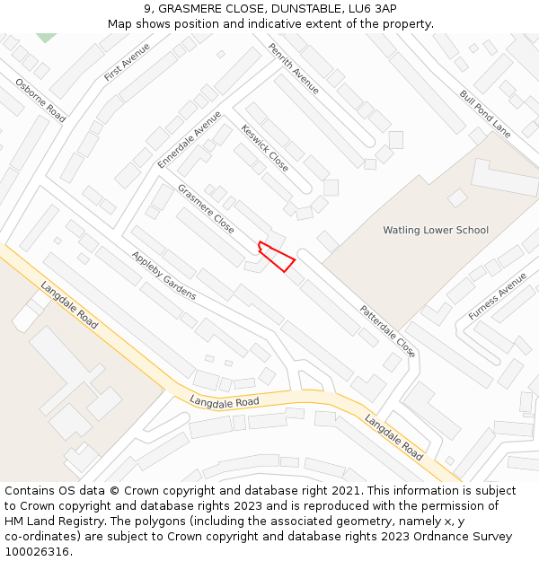 9, GRASMERE CLOSE, DUNSTABLE, LU6 3AP: Location map and indicative extent of plot
