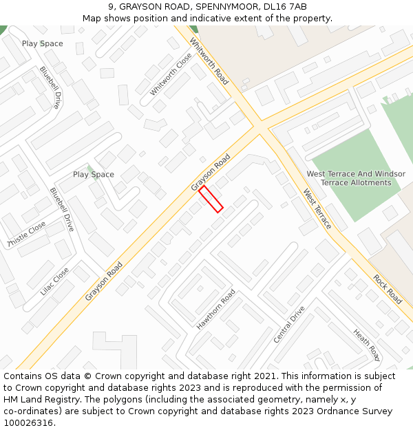 9, GRAYSON ROAD, SPENNYMOOR, DL16 7AB: Location map and indicative extent of plot