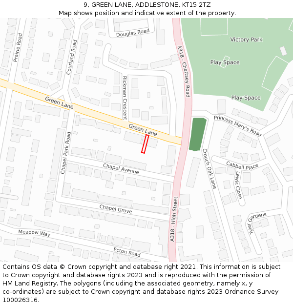 9, GREEN LANE, ADDLESTONE, KT15 2TZ: Location map and indicative extent of plot