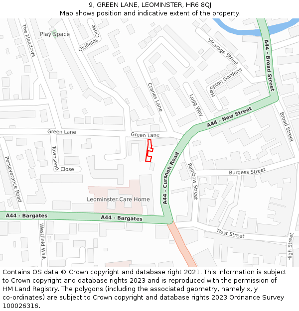 9, GREEN LANE, LEOMINSTER, HR6 8QJ: Location map and indicative extent of plot