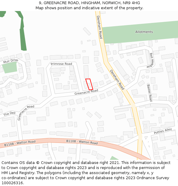 9, GREENACRE ROAD, HINGHAM, NORWICH, NR9 4HG: Location map and indicative extent of plot