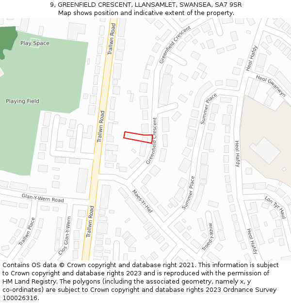 9, GREENFIELD CRESCENT, LLANSAMLET, SWANSEA, SA7 9SR: Location map and indicative extent of plot