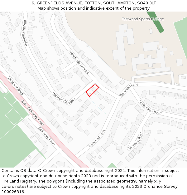 9, GREENFIELDS AVENUE, TOTTON, SOUTHAMPTON, SO40 3LT: Location map and indicative extent of plot