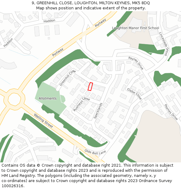 9, GREENHILL CLOSE, LOUGHTON, MILTON KEYNES, MK5 8DQ: Location map and indicative extent of plot