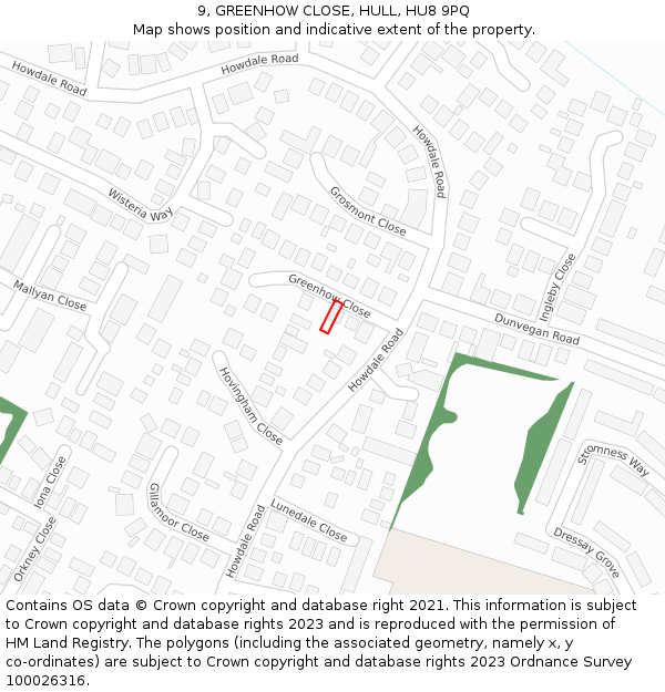 9, GREENHOW CLOSE, HULL, HU8 9PQ: Location map and indicative extent of plot