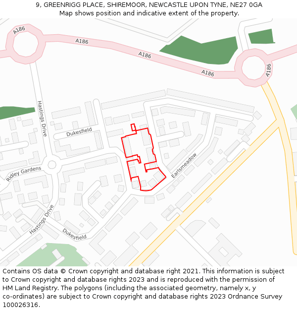 9, GREENRIGG PLACE, SHIREMOOR, NEWCASTLE UPON TYNE, NE27 0GA: Location map and indicative extent of plot