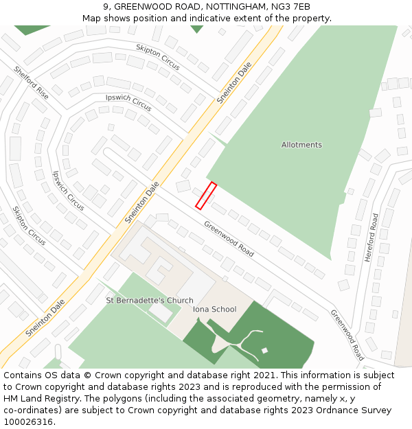 9, GREENWOOD ROAD, NOTTINGHAM, NG3 7EB: Location map and indicative extent of plot