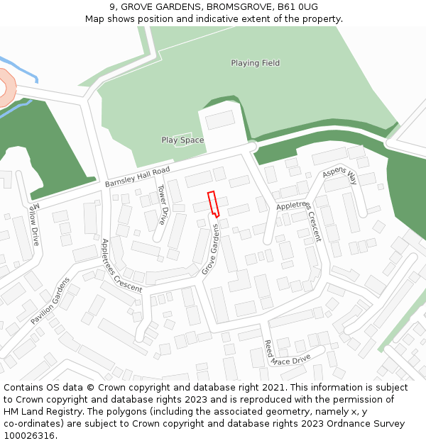 9, GROVE GARDENS, BROMSGROVE, B61 0UG: Location map and indicative extent of plot