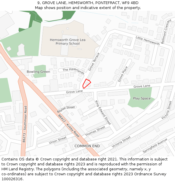 9, GROVE LANE, HEMSWORTH, PONTEFRACT, WF9 4BD: Location map and indicative extent of plot