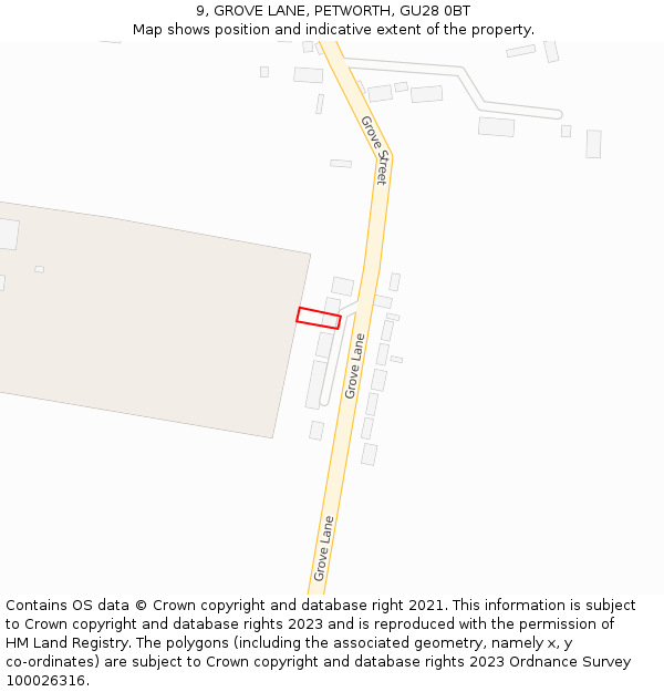 9, GROVE LANE, PETWORTH, GU28 0BT: Location map and indicative extent of plot