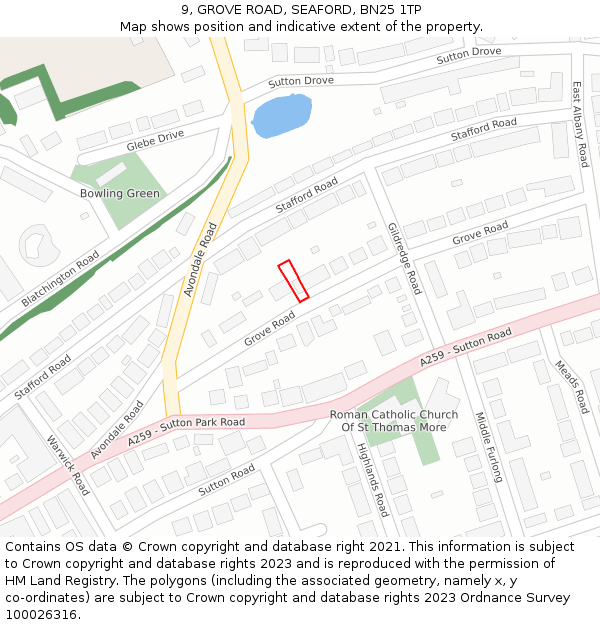 9, GROVE ROAD, SEAFORD, BN25 1TP: Location map and indicative extent of plot