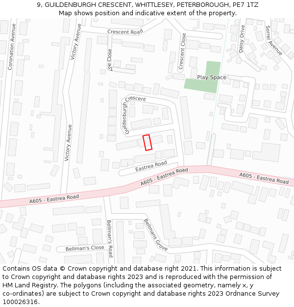 9, GUILDENBURGH CRESCENT, WHITTLESEY, PETERBOROUGH, PE7 1TZ: Location map and indicative extent of plot