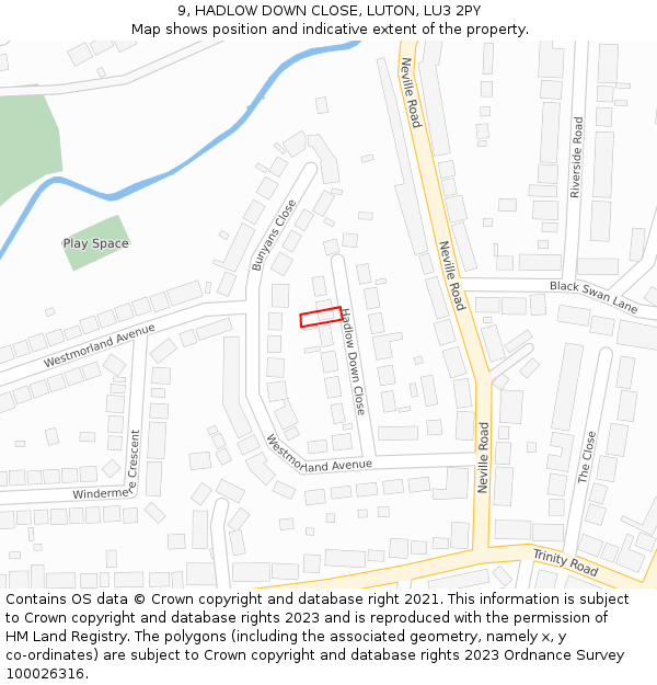 9, HADLOW DOWN CLOSE, LUTON, LU3 2PY: Location map and indicative extent of plot