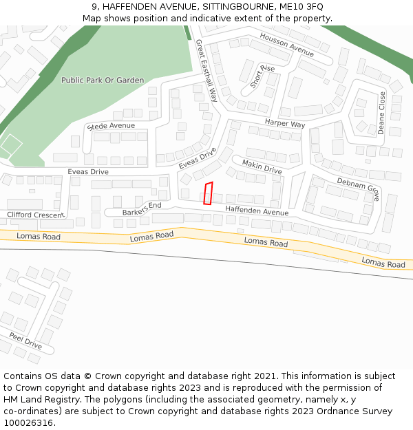 9, HAFFENDEN AVENUE, SITTINGBOURNE, ME10 3FQ: Location map and indicative extent of plot