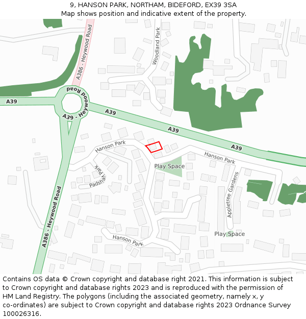 9, HANSON PARK, NORTHAM, BIDEFORD, EX39 3SA: Location map and indicative extent of plot