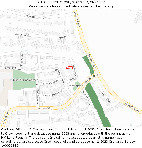 9, HARBRIDGE CLOSE, STANSTED, CM24 8FD: Location map and indicative extent of plot