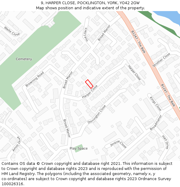 9, HARPER CLOSE, POCKLINGTON, YORK, YO42 2GW: Location map and indicative extent of plot