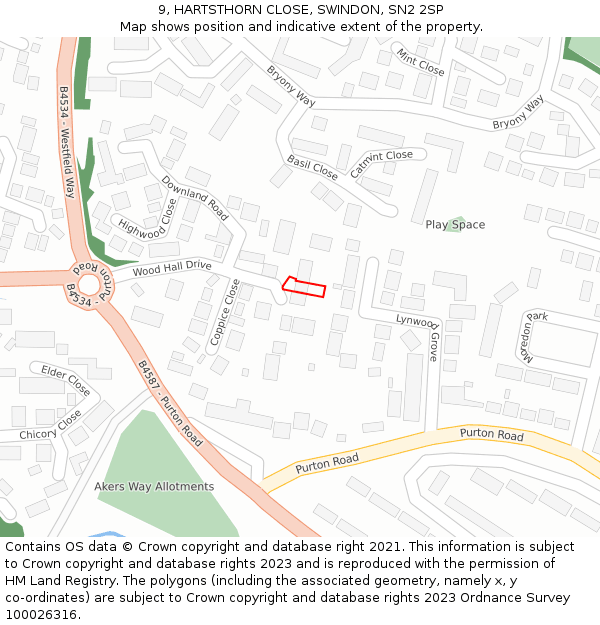 9, HARTSTHORN CLOSE, SWINDON, SN2 2SP: Location map and indicative extent of plot