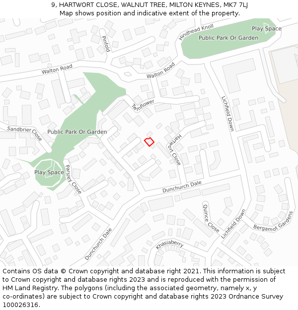 9, HARTWORT CLOSE, WALNUT TREE, MILTON KEYNES, MK7 7LJ: Location map and indicative extent of plot