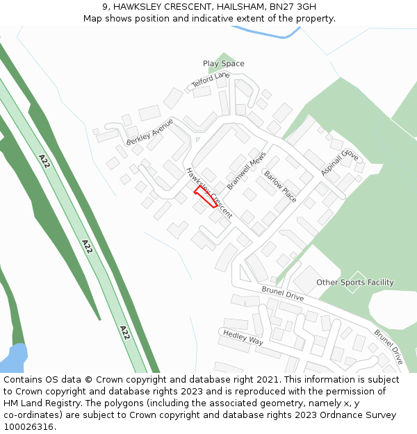 9, HAWKSLEY CRESCENT, HAILSHAM, BN27 3GH: Location map and indicative extent of plot