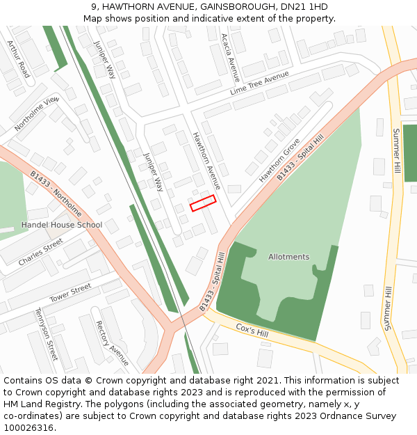 9, HAWTHORN AVENUE, GAINSBOROUGH, DN21 1HD: Location map and indicative extent of plot